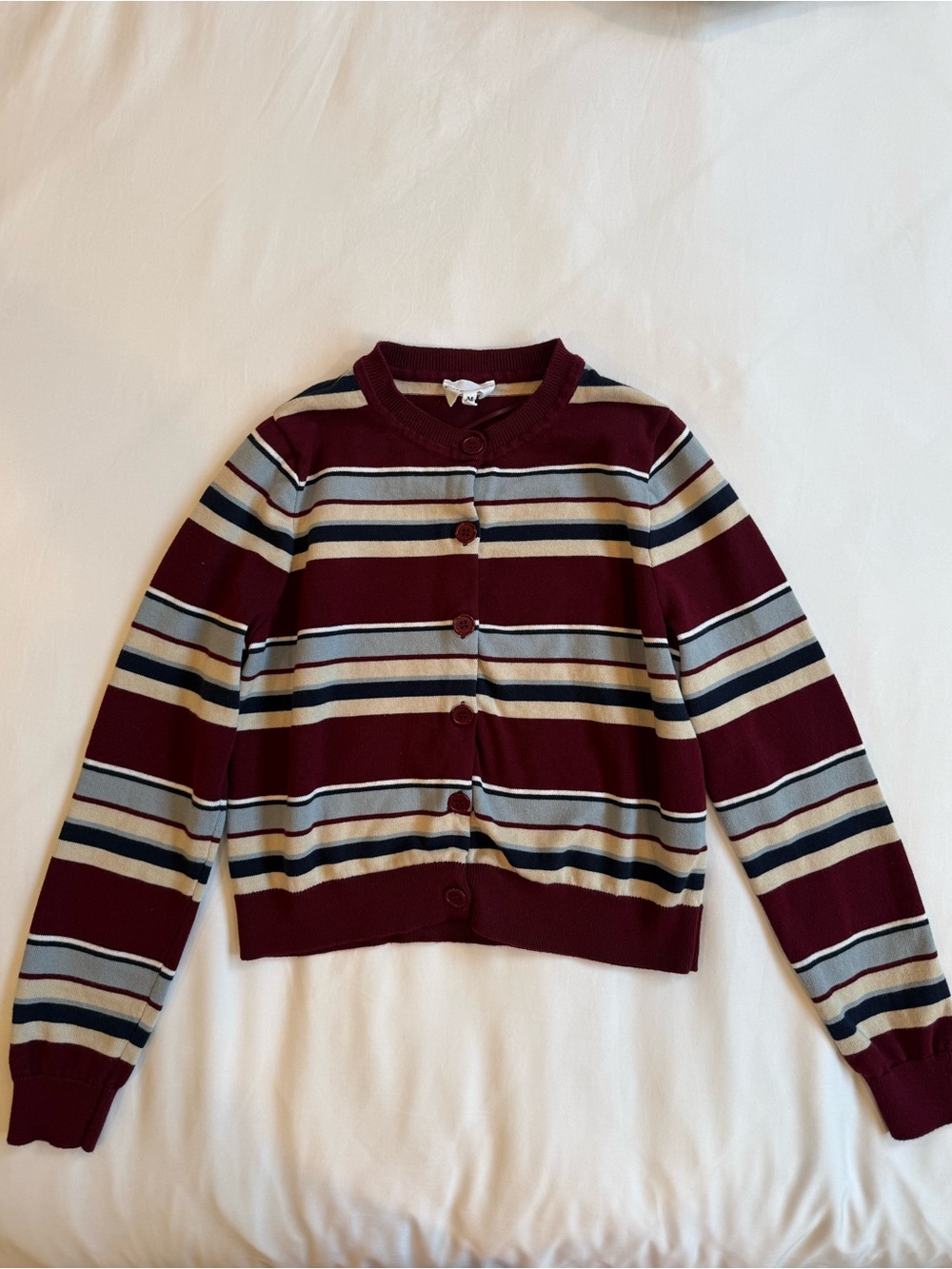 Striped Burgundy Crewneck Cardigan Sweater